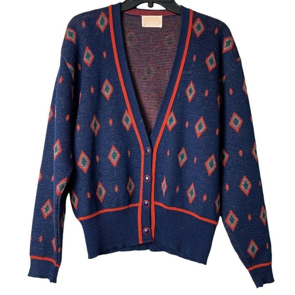 Vintage Pendleton Pure Virgin Wool Diamond Knit Cardigan V Neck Sweater 70s Lrg